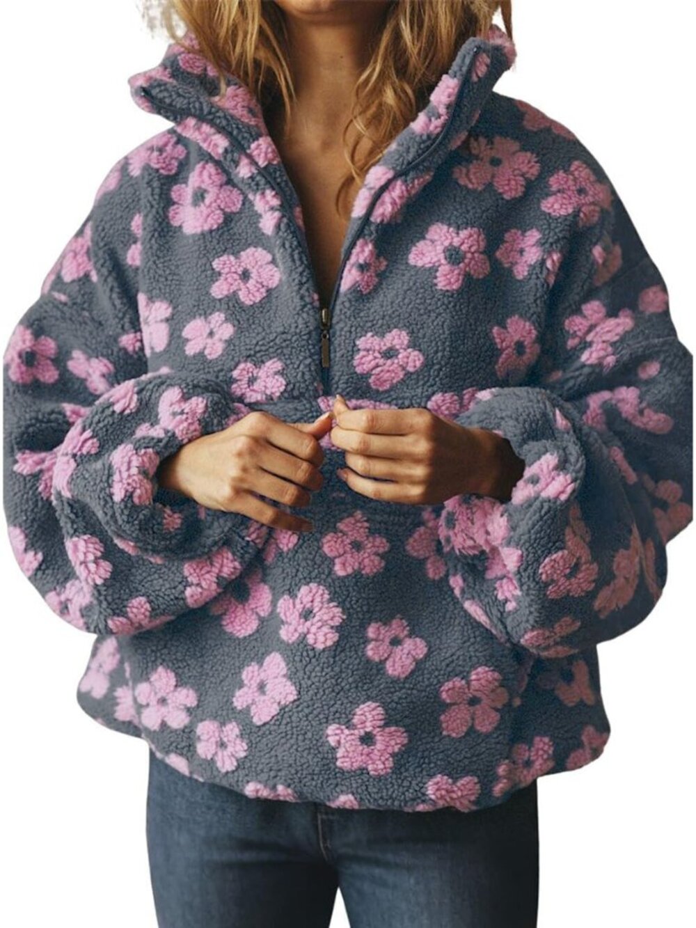 Women’s Grey Pink Floral Faux Fur Fleece Pullover Y2k Sherpa ZIP Winter Jacket